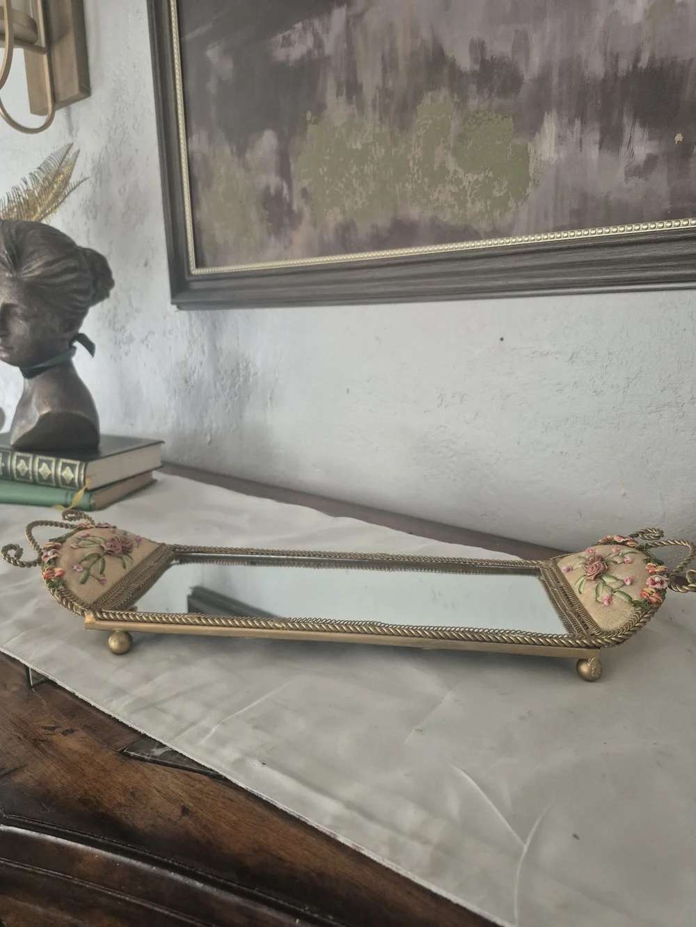 Vintage Floral Mirror Tray